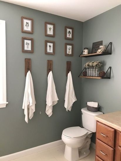 Small Bathroom Color Schemes Farmhouse, Bathroom Paint Colors Farmhouse, Paint Colors For Small Bathrooms Rustic, Bathroom Decorating Ideas Colors Schemes, Living Room Paint Color Ideas With Dark Wood Trim, Dark Color Small Bathroom, Paint Colors For Stairway Walls, Elegant Powder Room Luxury, Darker Bathroom Ideas