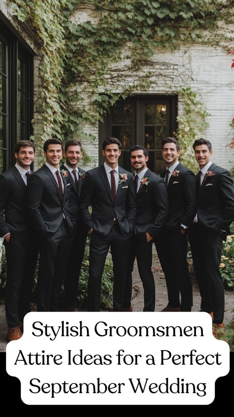 A group of groomsmen wearing stylish suits for a September wedding, showcasing a mix of classic and modern attire ideas. Best Groomsmen Outfits, Groomsmen In Black Suits, Fall Wedding Party Attire Groomsmen, Grooms Party Attire, Groomsmen Suit Ideas, Wedding Groomsmen Attire Grey, Fall Wedding Groomsmen Attire, Groomsmen Attire Ideas, Mismatched Groomsmen