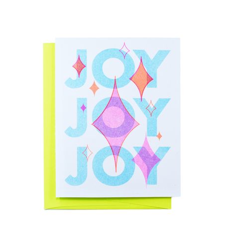 "Spread joy during the holidays with this retro looking Christmas card. Printed on eco-friendly Risograph with vegetable based inks. Interior: Blank Size: A2 - 4.25\" x 5.5\" Paper: 100lb Card Stock - White Cover Smooth - FSC® certified Envelope: A2 Lime Green Ink: Vegetable and Soy risograph soy ink Origin: Handmade in the USA 🇺🇸" Joy Holiday Card, Winter Karten, Christmas Graphic Design, Holiday Graphics, Christmas Typography, Card Inspo, Holiday Design Card, Retro Holiday, Risograph Print