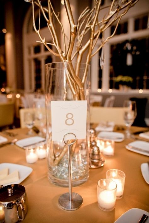 gold twig centerpieces | gold-silver-branch-centerpiece - Elizabeth Anne Designs: The Wedding ... Twig Centerpieces, Floral Themed Wedding, Christmas Greens, Branch Centerpieces, Gold Twigs, 50th Wedding Anniversary Party, Lighted Branches, 50th Anniversary Party, Golden Anniversary