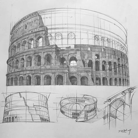 Colosseum Rome Italy - Tutorial Drawings by Anjjaemi Italy Sketches, Egg Fry, Rome Italy Colosseum, Pencil Tutorial, Train Drawing, Architecture Drawing Sketchbooks, Architecture Drawing Plan, Colosseum Rome, Building Sketch