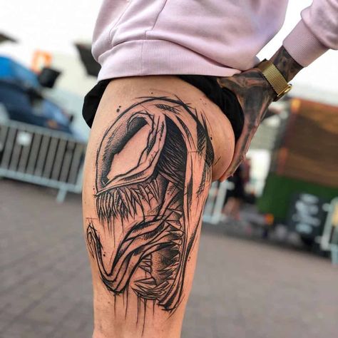 Venom Tattoo Ideas, Venom Tattoos, Venom Tattoo, Tattoo On Thigh, Spiderman Tattoo, Comic Tattoo, Marvel Tattoos, Illustration Tattoo, Tattoo Inspiration Men