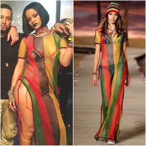 Rihanna work  ANTI Spring 2016 Tommy Hilfiger Bikini And Round Crochet Short Sleeve Cover Up Dress Rasta Dress, Rihanna Work, Rihanna Dress, Looks Rihanna, Rihanna Outfits, Fishnet Dress, Rihanna Style, Mesh Maxi Dress, Festival Looks