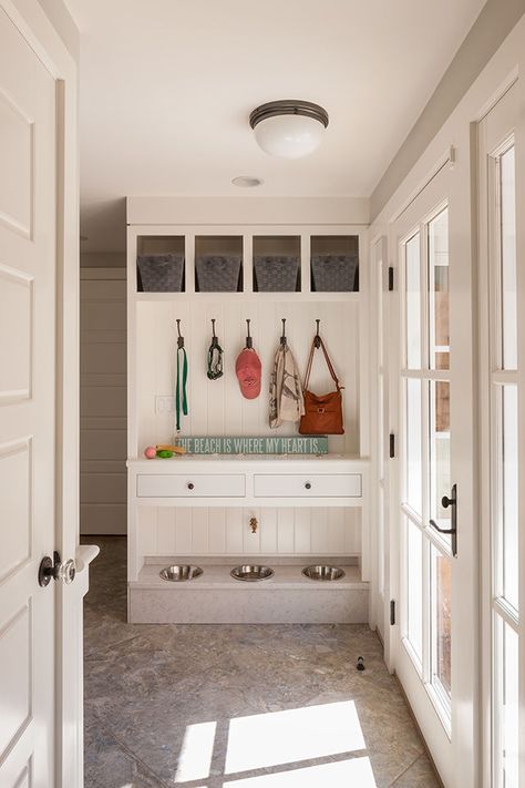 Custom Built-ins for dog food | Mudroom Dog Feeding Station In Mudroom, Dog Built Ins, Built In Water Bowl For Dogs, Mudroom Ideas Entryway With Dog Bowls, House Design With Dogs, Dog Bowl Built In, Built In Dog Door, Built In Dog Bowls With Faucet, Mud Room Bench Dog Bowl