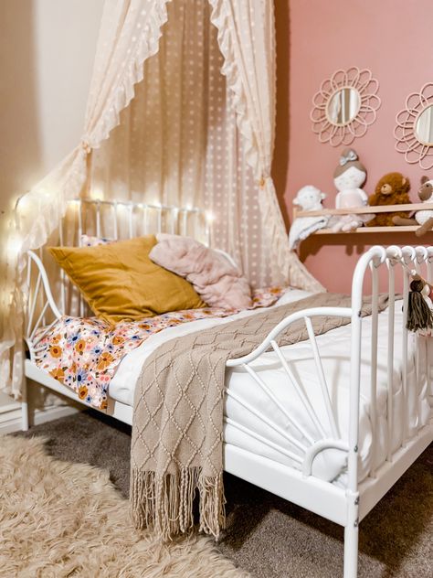 Shoo this room! The perfect toddler bed from ikea and accessorized with my favorites from Target. Toddler mom | Toddler Room | Floral Nursery | Boho Nursery | Ikea Bed | Ikea Kid | Toddler bed | Big girl room | Girl Room Inspo Ikea Bed Minnen, Toddler Room Full Size Bed, Girl Toddler Bedding, Ikea Twin Beds Shared Room, Ikea Minnen Bed Hack, Cozy Toddler Bed, Daybed Toddler Room Girl, Eclectic Toddler Girl Room, Ikea Busunge Bed