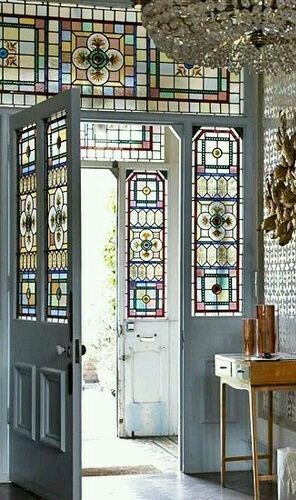 Gorgeous stained glass work around front entrance of upscale farmhouse home Stained Glass Doors, Stained Glass Door, زجاج ملون, Cool Doors, Glass Front Door, Open Door, Beautiful Doors, Style At Home, Glass Doors