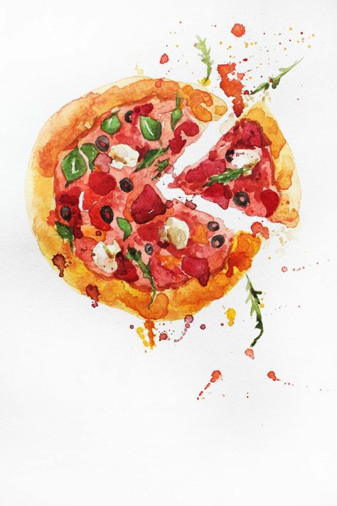 Pizza Watercolor, Watercolor Kitchen, Food Watercolor, Food Art Painting, Illustration Art Nouveau, Pizza Art, Watercolor Art Diy, Watercolor Art Journal, Watercolor Art Paintings