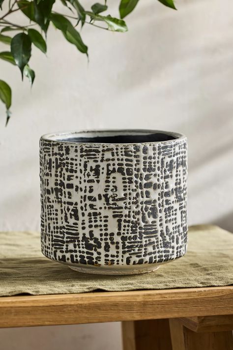 Crosshatch Ceramic Cylinder Pot | Anthropologie Fun Ceramic Textures, Injection Mold Design, Pottery Patterns, Ceramic Planter Pots, Ceramic Fiber, Surface Decoration, White Pottery, Glaze Ceramics, Pottery Glazes