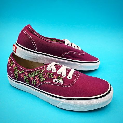 🌸🌿 Flowery Vine Vans Fancy trying embroidering shoes yourself, as well as selling the shoes sewn by us, these are available as a PDF or as a kit, so you have everything you need to give it a go yourself. Available now on our Etsy store - link in bio #embroidery #handmade #handembroidery #flowerembroidery #flower #embroideredvans #embroideredconverse #embroiderydiy Vans Embroidery Slip On, Vans Flowers, Embroidered Vans Slip On, Vans Floral Shoes, Embroidered Vans, Trippy Floral Vans, Embroidered Converse, Embroidered Shoes, Embroidery Flowers