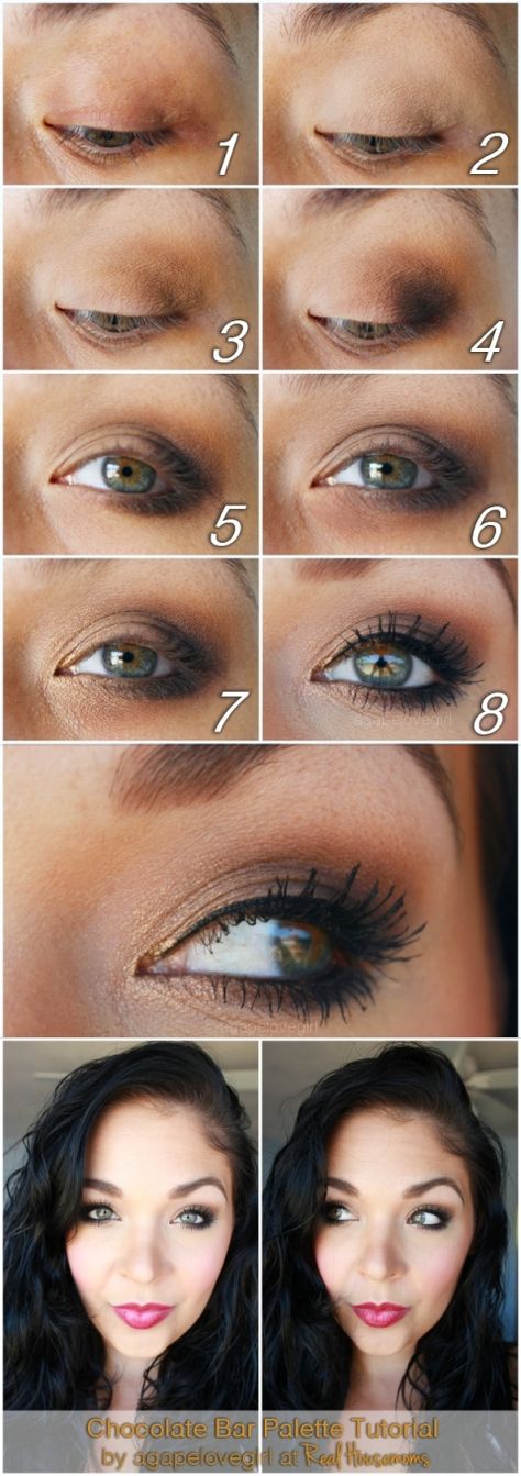 Golden Brown Eye Makeup Pictorial | Real Housemoms Brown Eyes Tutorial, Shadow For Brown Eyes, Eye Shadow For Brown Eyes, How To Do Eyeshadow, Chocolate Bar Palette, Eyes Tutorial, Light Makeup Looks, Makeup Pictorial, Brown Eye