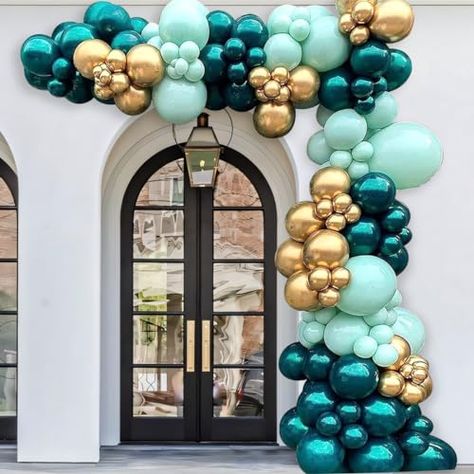 Teal And Gold Balloon Garland, Blue Gold Balloon Garland, Double Stuffed Balloons, Stuffed Balloons, Gold Balloon Garland, Wonderland Decorations, Winter Wonderland Decorations, Jack And Jill, Gold Balloons