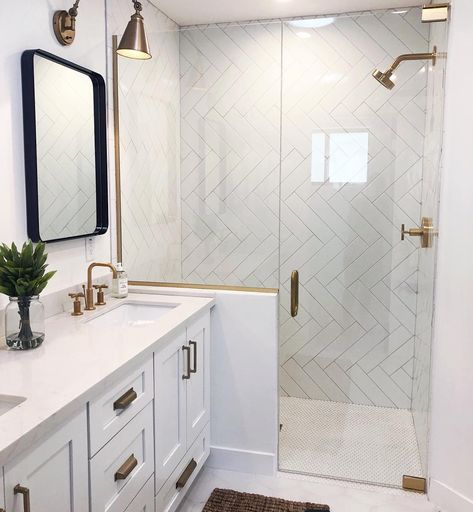 Backsplash Herringbone, New House Bathroom, House Bathrooms, Herringbone Backsplash, Herringbone Tile, Bathroom Remodel Shower, Bathroom Remodel Designs, White Vanity, Upstairs Bathrooms