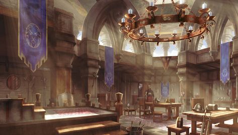 ArtStation - Guild lobby, silentfield . Adventure Guild Art, Adventurers Guild Building, Guild Hall Fantasy Concept Art, Fantasy Guild Hall, Fantasy Guild Building, Adventurers Guild Art, Guild Aesthetic, Fantasy Guild, Medieval Guild