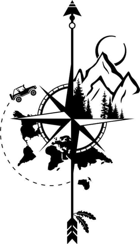 Jeep Svg Files Free, Tree Line Tattoo, Jeep Tattoo, Travel Tattoo Ideas, Compass Drawing, Bear Sketch, Travel Tattoos, Compass Logo, Mountain Drawing