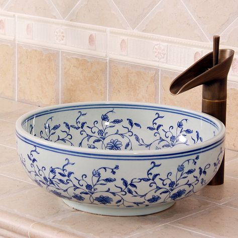 Bathroom Vessel Sinks And Vanities, Bathroom Blue, Vessel Sink Vanity, Handmade Ceramics Plates, Victorian Bathroom, Vessel Sink Bathroom, Trendy Bathroom, Painting Blue, Basin Sink