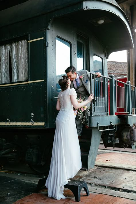 Train Wedding Photos, Train Wedding Theme, Vintage Train Wedding Theme, Train Theme Wedding, Train Station Engagement Photos, Railroad Wedding, Railroad Wedding Pictures, Railroad Track Engagement Pictures, Engagement Photos On Railroad Tracks