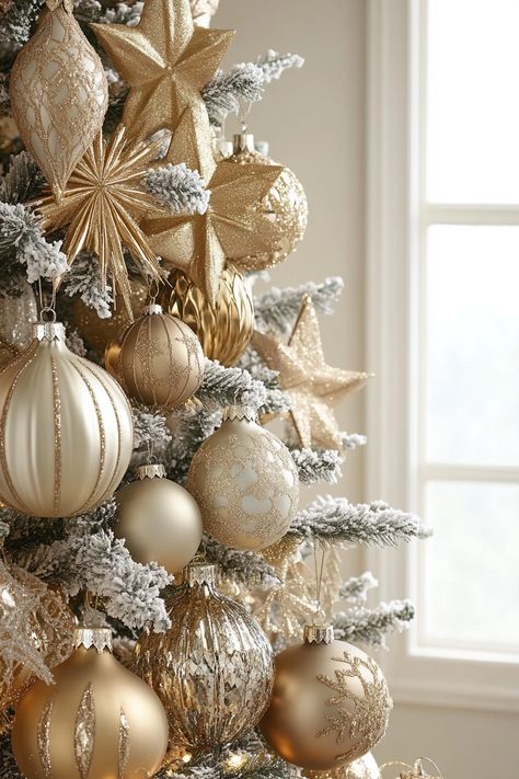 Close-up of a Christmas tree decorated with gold and silver ornaments, set against a soft white wall and natural light. Christmas Tree Champagne Color, Christmas Gold Decorations, Gold Christmas Tree Theme, White Gold Christmas Tree, White And Gold Christmas Decor, Christmas Ios, Trendy Christmas Decor, Gold And White Christmas, Luxury Christmas Decor