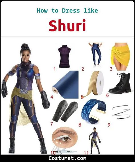 Shuri's Costume from Black Panther Diy Black Panther Costume For Women, Black Panther Outfit Ideas Women, Shuri Cosplay, Diy Black Panther Costume, Wakanda Forever Costumes, Shuri Black Panther Suit, Female Black Panther, Panthers Outfit, Shuri Black Panther