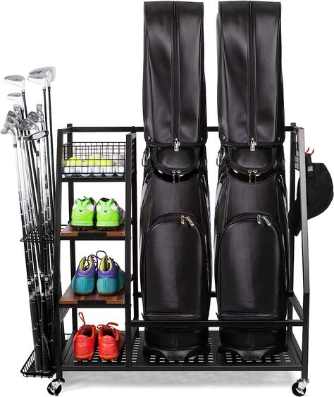 Sttoraboks Golf Bags Storage Garage Organizer, Golf Bag Rack Fits 2/3 Golf Bags and Golf Equipment Accessories, Golf Club Storage Stand with Wooden Shelf...