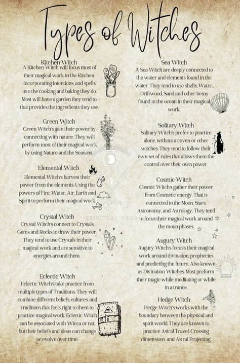 Type Of Witches, Witches Book Of Shadows, Types Of Witches, Types Of Witchcraft, Witches Book, Spiritual Shop, Wiccan Magic, Witch Spirituality, Magic Spell Book