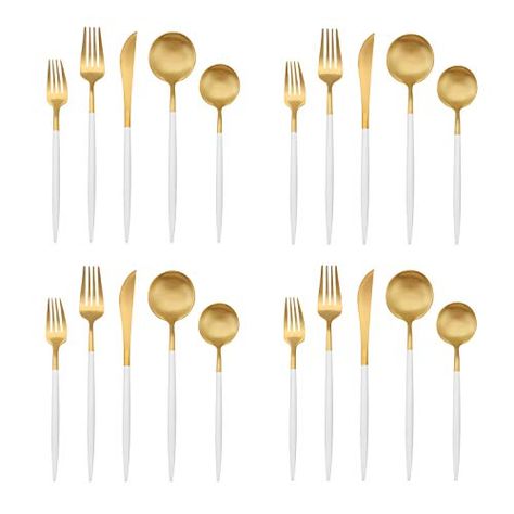 Amazon.com | Matte Gold Silverware Set with blue handle, Bysta 20-Piece Stainless Steel Flatware Set, Kitchen Utensil Set Service for 4, Tableware Cutlery Set for Home and Restaurant, Satin Finish, Dishwasher Safe: Flatware Sets Gold Silverware, Kitchen Utensil Set, Stainless Steel Flatware, Dessert Spoons, Kitchen Utensil, Dining Accessories, Spoon Set, Utensil Set, Serving Set