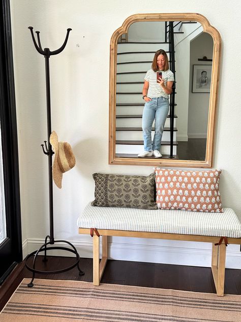 Entryway Coat Rack And Bench With Mirror, Entry Rack Ideas, Entry With Coat Rack, Minimal Entry Way Ideas, Front Entryway Hook Ideas, Entry Way Table Mirror, Wall Mirror With Bench, Entry Chair Entryway, Mirror Coat Rack Entryway