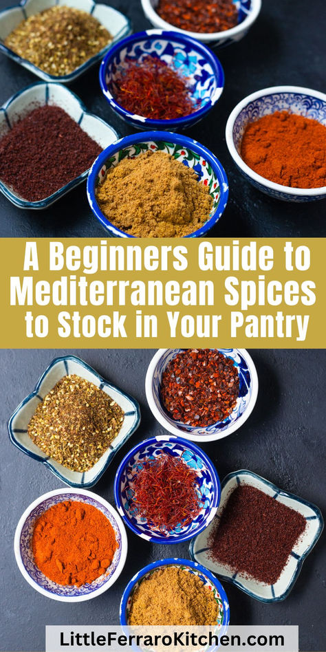 Elevate your meals with vibrant Mediterranean flavors and stock your pantry with these essential spices. Here, you'll find a comprehensive list of the Mediterranean's most beloved seasonings. Cooking Mediterranean Food, Mediterranean Diet Seasonings, Mediterranean Spice Blend Recipes, Mediterranean Herbs And Spices, Mediterranean Shopping List For Beginners, Mediterranean Staples, Mediterranean Spice Blend, Mediterranean Food List, Mediterranean Seafood