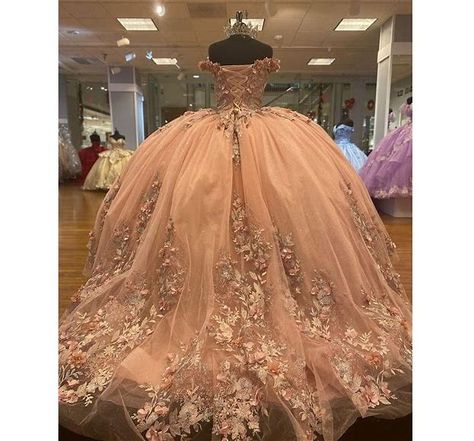 Rose Gold Off The Shoulder sleeping beauty quinceanera dress Ball Gown Sleeveless Floral Appliques L - Bing - Shopping Pink And White Quinceanera Dresses, Quince Planner, Peach Quinceanera Dresses, Blush Pink Quinceanera Dresses, Coral Quinceanera Dresses, Rose Gold Quinceanera Dresses, Dream Quinceanera, Quinceanera Themes Dresses, Ball Gown Prom Dresses