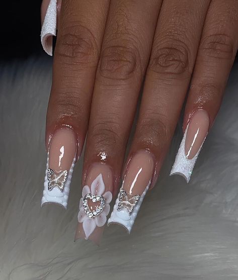 Nails With Charms Medium, Medium Length French Tip Nails, French Tip Nails With Charms, Acrylic Nails With Charms, Nails With Charms, Charm Nails, Forever Rose, Tip Nails, Croc Print