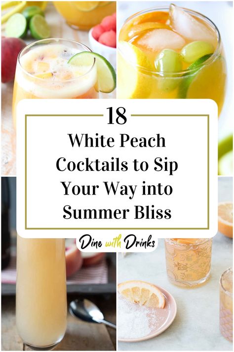 Collage of 4 white peach cocktails. White Peach Cocktail, Peach Cocktail Recipes, Colored Cocktails, Peach Cocktail Recipe, Peach Vodka, Peach Cocktail, Peach Drinks, Perfect Summer Drink, Fruity Drinks