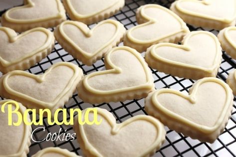 Banana Cut Out Cookies with Banana Icing | Created by Diane Banana Icing, Cut Cookies, Banana Extract, Banana Popsicles, Cut Out Cookie Recipe, Perfect Cookies, Banana Cookies, Cutout Sugar Cookies, Cookie Flavors