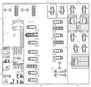 This design was for the smaller of two facilities a shop owner was building. It may not be ideal for every shop, but in this case, it met the shop owner's requirements. Auto Workshop Design, Car Workshop Design Layout, Car Shop Design, Car Workshop Design, Car Dealership Design, Paint Area, Small Woodworking Shop Ideas, Auto Service Center, Car Showroom Design