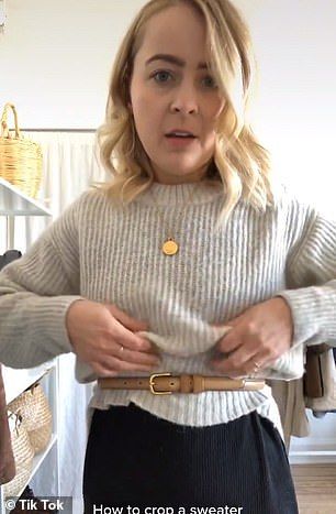 Belt Tuck Sweater, Full Skirt And Sweater Outfit, How To Tuck In A Bulky Sweater, Tucking Bulky Sweaters, Sweater Hacks Diy, Sweater And Belt Outfit, How To Tuck Sweater Into Leggings, Skirts With Sweaters Outfit Fall, Sweater Over Shirt Outfit Women