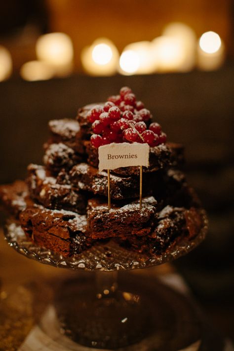 Brownie Tower Cakes - Caro Weiss Photography | Rustic Barn Winter Wedding at Kinkell Byre near St Andrews in Scotland | Jenny Packham Esme Gown | Navy No. 1 Jenny Packham Bridesmaid Dresses | Groom in Kilt Brownie Display, Alternative Wedding Cake Ideas, Industrial Wedding Cake, Brownie Wedding Cakes, Brownie Tower, Wedding Cakes Rustic, Brownie Cakes, Scotland Winter, Breakfast Event