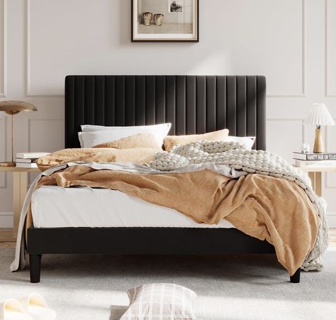 King Upholstered Platform Bed, Velvet Bed Frame, Black Bed Frame, Velvet Upholstered Bed, Black Headboard, Full Bed Frame, Velvet Headboard, Wingback Headboard, Velvet Bed