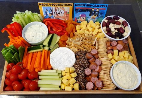 Bluey Themed Charcuterie Board, Second Birthday Food Ideas, Bluey Inspired Party Food, Bluey Birthday Party Foods, Bluey Birthday Brunch, Bluey Birthday Food Labels, Bluey Birthday Snacks, Bluey Birthday Snack Ideas, Bluey Theme Food