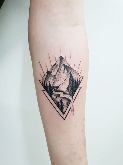 Flyfishing Tattoo, Patrick Tattoo, Moutain Tattoos, Waterfall Tattoo, Wave Tattoos, River Tattoo, Tattoo 2023, Geometric Nature, Landscape Tattoo