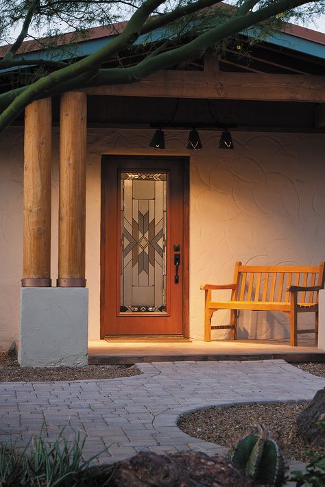 Awe your guests with a Southwest-inspired glass front door using our Mohave door glass. Add in touches of desert landscape to make it an unforgettable moment. Southwestern Front Door, Front Door Decor Ideas Entrance, House Desert, Southwestern Interior, Southwest Home Decor, Double Door Entrance, Aesthetic Glass, Exterior Doors With Glass, Mexico House