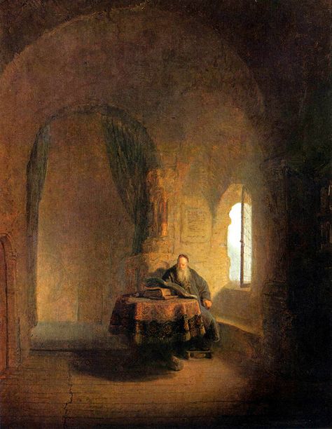 Rembrandt 'Philosopher Reading’ 1631 Oil on wood. Late work, more emphasis on architectural elements Philosopher Painting, Dnd Locations, Rembrandt Paintings, Art Baroque, Catholic Pictures, Istoria Artei, Twitter Posts, Rembrandt Van Rijn, Dutch Golden Age