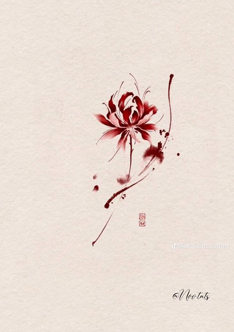 Spiderlili Tattoo Black, Fire Lily Tattoo, Spider Lily Flower Tattoo, Red Spider Lily Tattoo Design, Higanbana Tattoo, Spider Lily Tattoo Design, Red Spider Lily Tattoo, Chinese Ink Art, Spider Lily Tattoo