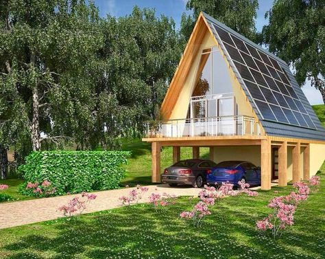 A Frame House With Garage, Cabin Prefab, Prefab Home Kits, A Frame Homes, House With Garage, A Frame Houses, Casa Hobbit, Frame Cabins, Triangle House