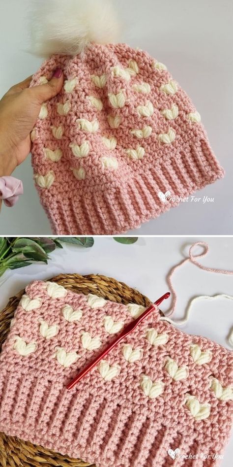 Cute and Clever Crochet Beanies. Valentine's Day is just around the corner, so now is the best time to make some last-minute gifts, like for instance this sweet beanie in the pictures below! It has the cutest little puff hearts and contrasting colors that make the cute hearts pop! #freecrochetpattern #beanie #hat Mother Daughter Crochet Hats, Heart Crochet Beanie, Crochet Heart Beanie Free Pattern, Crochet Heart Hat Pattern Free, 2 Color Crochet Hat, Crochet Valentines Day Gifts, Crochet Valentine’s Day Gifts, Pink Crochet Beanie, Heart Headband Crochet