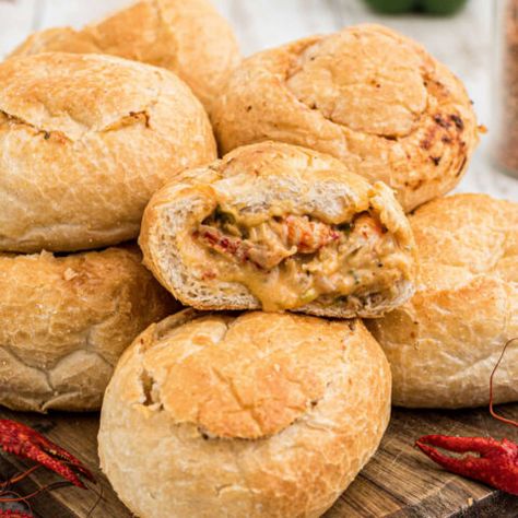 Crawfish Pistolettes - The Cagle Diaries Crawfish Pistolettes Recipe, Cajun Seafood Recipes, Pistolettes Recipe, Crab Bisque Recipe, Crawfish Boil Recipe, Crawfish Bread, Muffuletta Sandwich, Crawfish Recipes, Cajun Crawfish