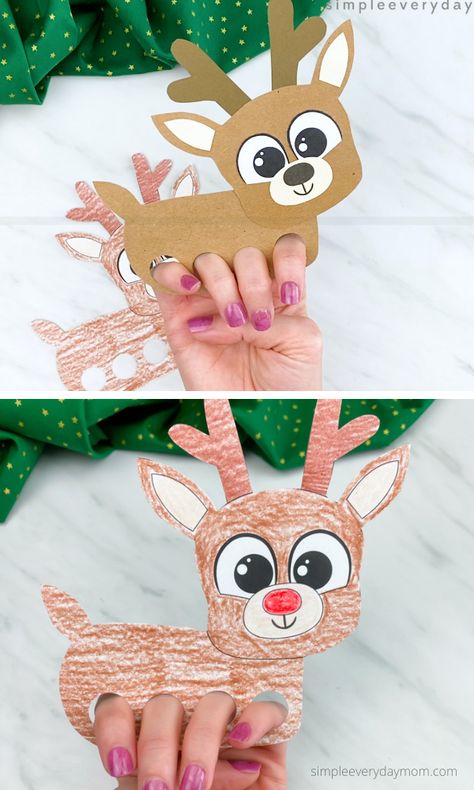 Christmas Pattern Block Mats, Free Printable Reindeer, Elf Crafts, Puppet Craft, Finger Puppet Patterns, Diy Preschool, Puppets For Kids, Headband Crafts, Reindeer Craft