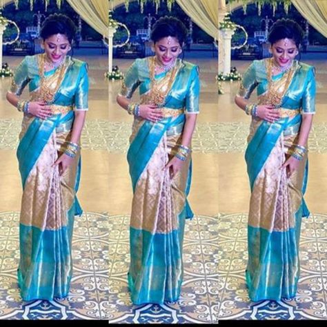 Sky Blue Pattu Saree Wedding, Pastel Pattu Saree, Sky Blue Blouse Designs, Reception Saree Look For Bride, Blue Pattu Saree, Bridal Reception Saree, Black Saree Designs, Saree Color Combinations, Reception Sarees