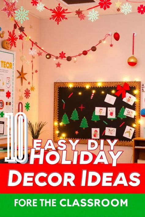 Navigate through these 10 easy DIY holiday decor ideas for the classroom that will transform your space into a festive wonderland ✨; find out how inside! 🎄🎨 Classroom Holiday Decor, Classroom Ceiling Decorations, Classroom Christmas Decor, Holiday Classroom Decorations, Christmas Wall Decor Diy, Classroom Holiday Party, Christmas Ceiling Decorations, Classroom Christmas Party, Ideas For The Classroom