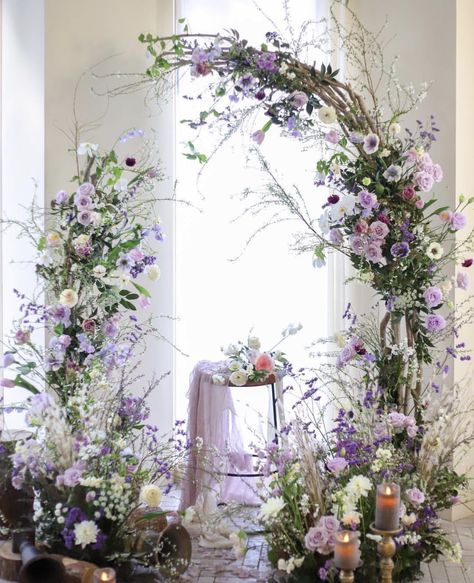 Decoration Buffet, Wedding Backdrop Design, Blue And Purple Flowers, Flower Installation, Purple Themes, Lavender Wedding, Floral Arch, Whimsical Wedding, Wedding Aisle