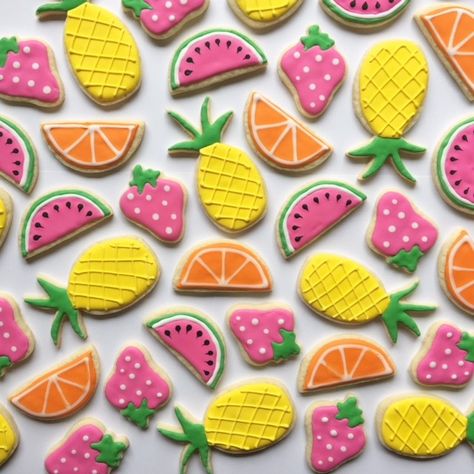 Summer Fruit Themed Party, Fruit Themed Cookies, Twotti Fruity Cookies, Fruit Themed Cupcakes, Summer Themed Sugar Cookies, Slice Watermelon, Twotti Fruity, Fruit Sugar Cookies, Tutti Frutti Birthday Party