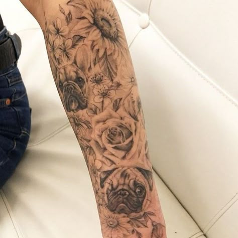 Dog Tattoo Sleeve, Dog Tattoo Ideas For Women, Girly Sleeve Tattoo, Pet Portrait Tattoos, Pet Tattoo Ideas, Gecko Tattoo, Dog Portrait Tattoo, Pet Tattoos, French Bulldog Tattoo