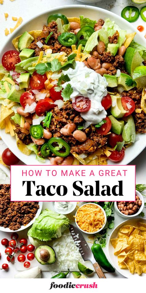 Nacho Salad Recipe, Easy Taco Salad Recipe Simple, Ground Beef Tacos Recipes, Healthy Taco Salad Recipe, Taco Salad Bar, Nacho Salad, Taco Salad Recipe Healthy, Tex Mex Salad, Taco Recipes Ground Beef